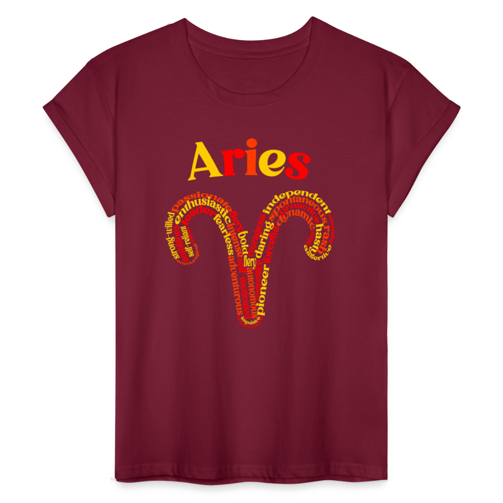 Women's Power Words Aries Relaxed Fit T-Shirt - burgundy